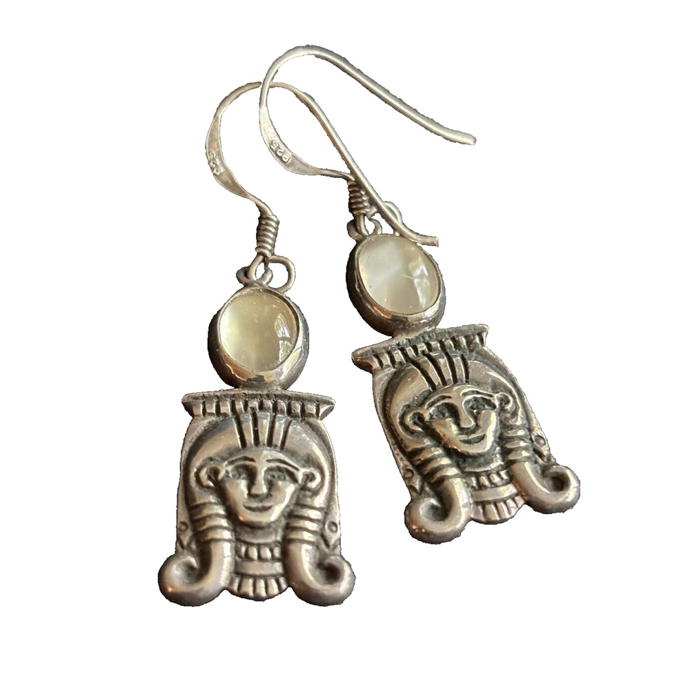 Egyptian Revival Pharaoh Sterling & Moonstone Dangle Earrings Bye Perceive 925